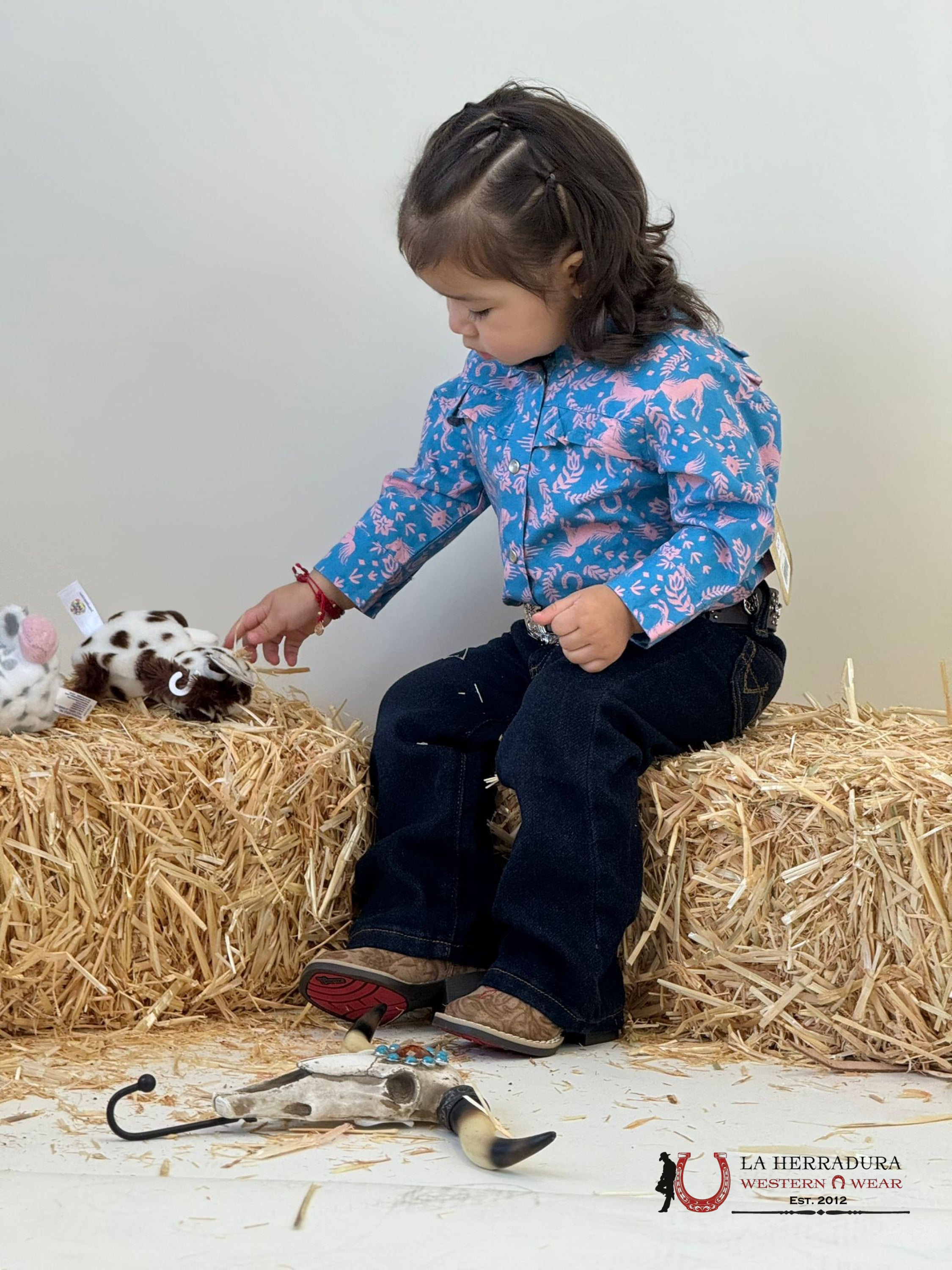 Wrangler Blue Pink Horses Long Sleeve Button Up Shirt Niños