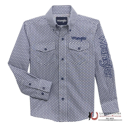 Wrangler Boy Blue Geometric Button Down Western Shirt 112356519