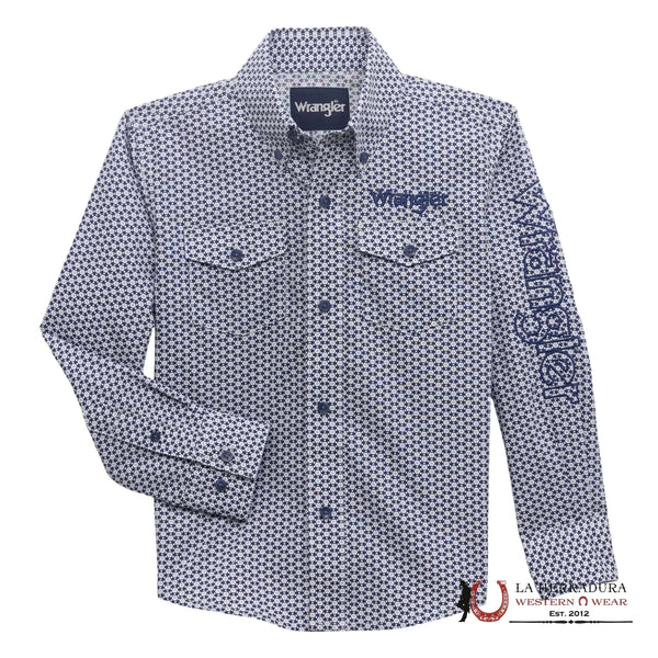 Camisa vaquera Wrangler para niño, azul, geométrica, con botones 112356519