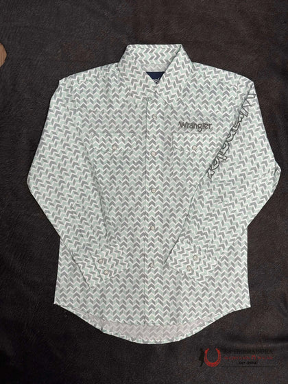 WRANGLER BOY'S CLASSIC BUTTON-DOWN PRINT SHIRT WHITE GREEN 112346230