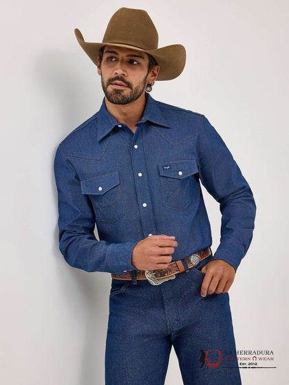 CAMISA VAQUERA DE MEZCLILLA RÍGIDA DE MANGA LARGA WRANGLER COWBOY CUT® PARA TRABAJO ESTILO WESTERN 112353263