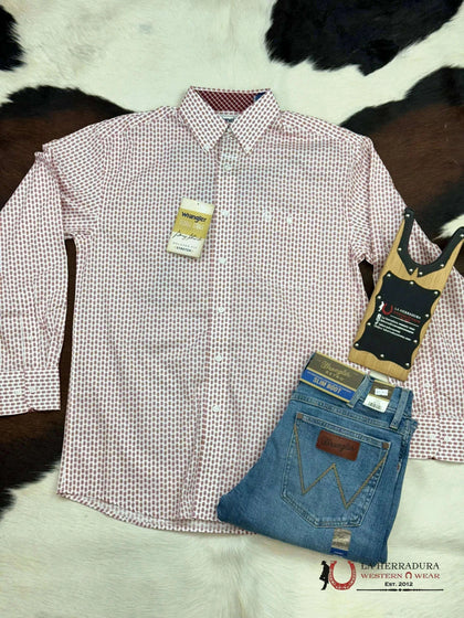 WRANGLER GEORGE SATRAIT RELAXED FIT WHITE/RED LONG SLEEVE - 112356600