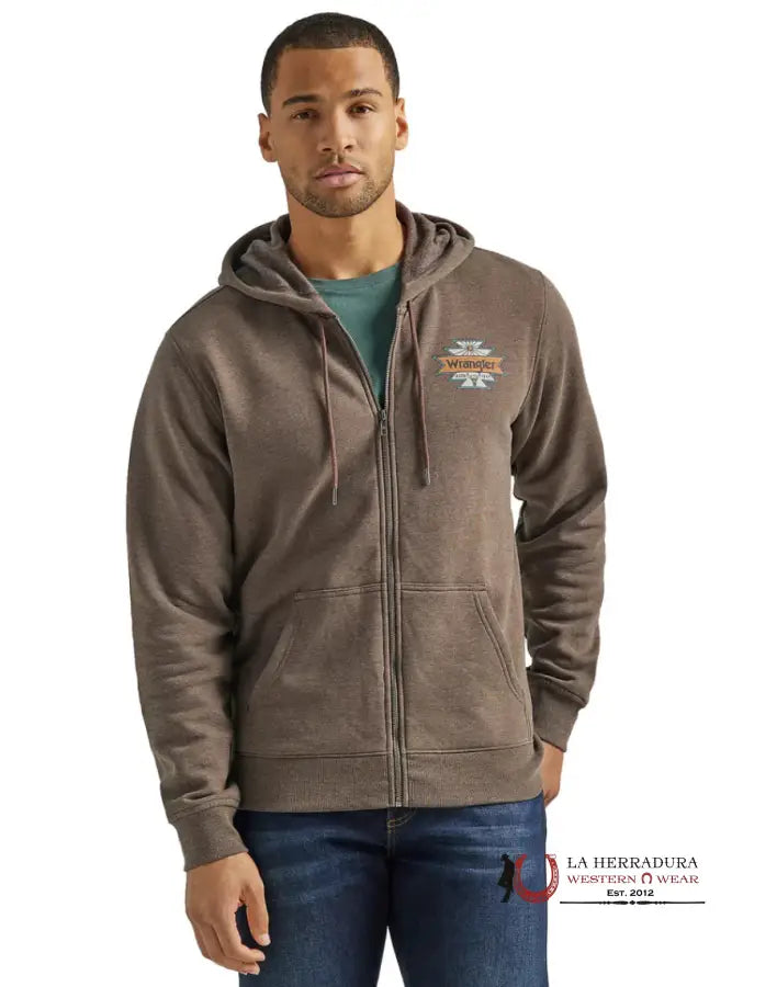 Wrangler Men’s Back Graphic Logo Zip Up- Brown Ropa Hombres