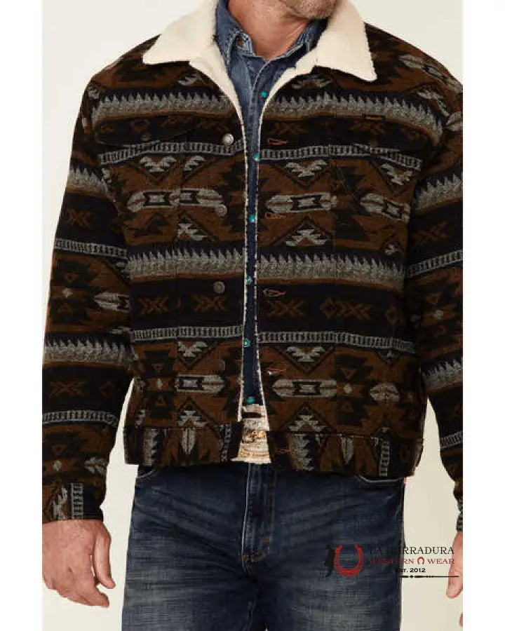 Wrangler Men’s Brown Whiskey Jacquard Southwestern Print Button-Front Sherpa Jacket Ropa Hombres