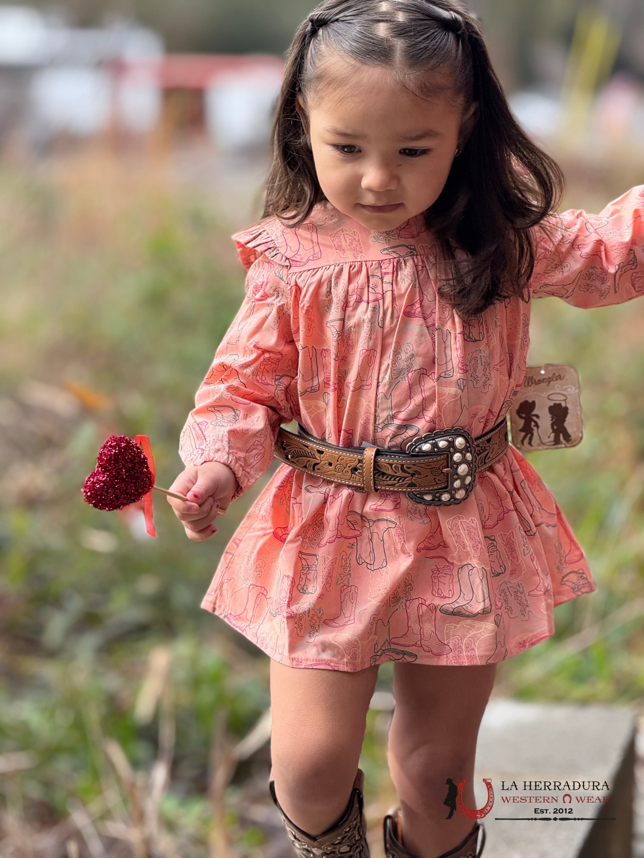 Wrangler Pink With Boot Print Long Sleeve Dress NIÑOS