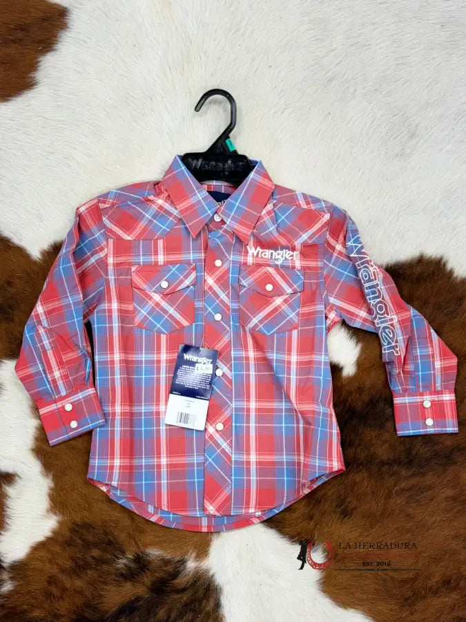 Wrangler Plaid Blue Red Pearl Snap Long Sleeve Niños