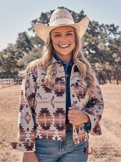 CHAQUETA DE MEZCLILLA WRANGLER RETRO CAFÉ/ROSA AZTECA CON BOTONES 112361195