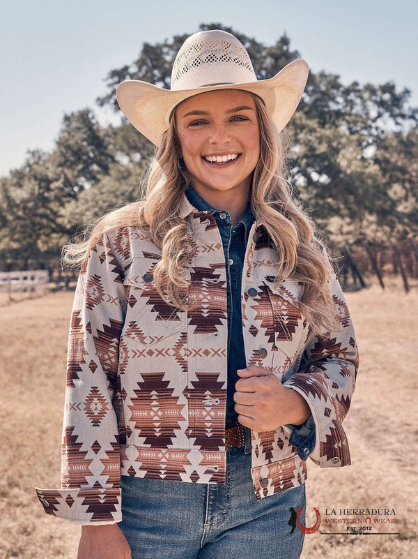 CHAQUETA DE MEZCLILLA WRANGLER RETRO CAFÉ/ROSA AZTECA CON BOTONES 112361195