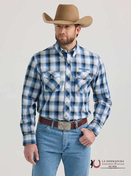 CAMISA WRANGLER CORTE CLÁSICO AZUL/NARANJA MANGA LARGA -112352383
