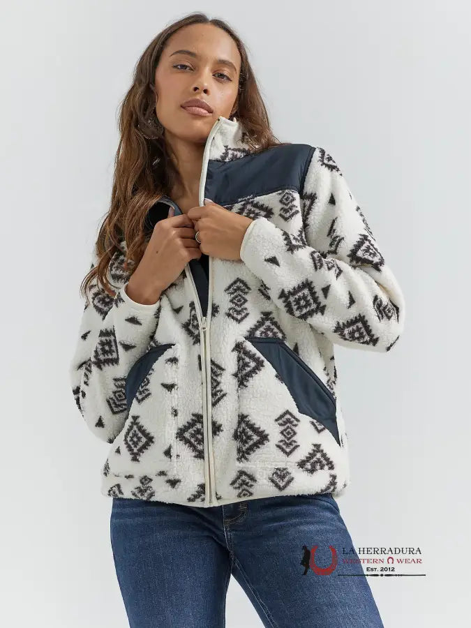 Wrangler Southwestern Contrast Sherpa Balck Aztec Design Full-Zip Ropa Mujeres