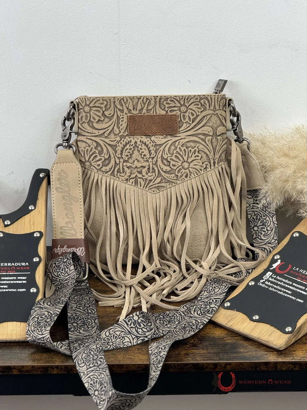 BOLSO CRUZADO DE PIEL CURTIDA A MANO, COLOR BEIGE, MARCA WRANGLER