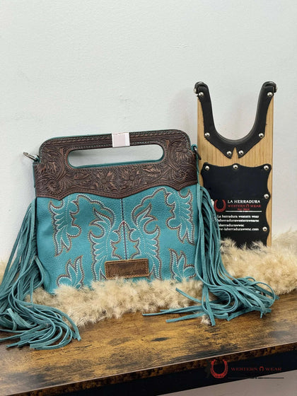 BOLSO DE MANO WRANGLER DE CUERO CON COSTURAS TURQUESA NUEVO