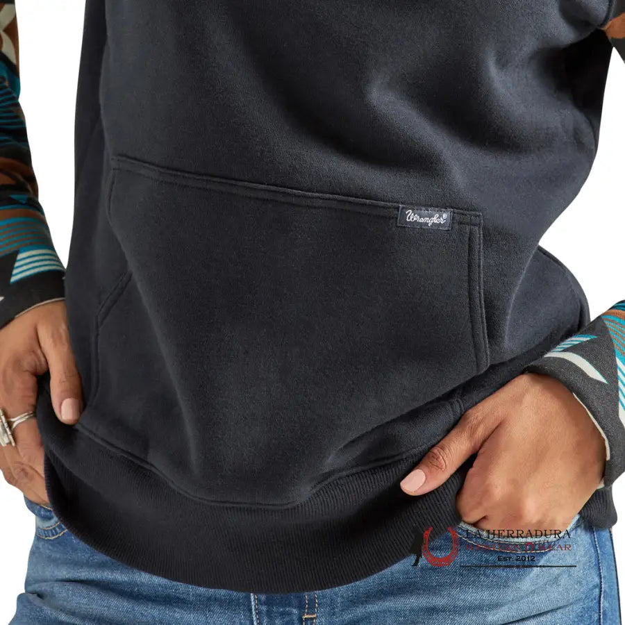 Wrangler Women Black Hoodie W/ Teal Aztec Sleeve Ropa Mujeres