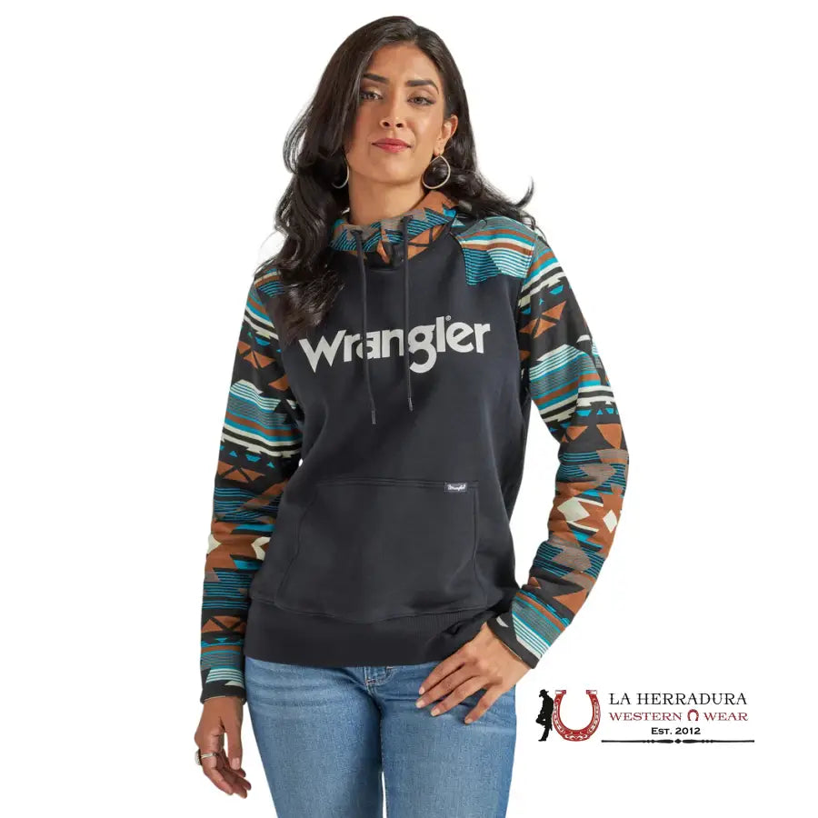 Wrangler Women Black Hoodie W/ Teal Aztec Sleeve Ropa Mujeres