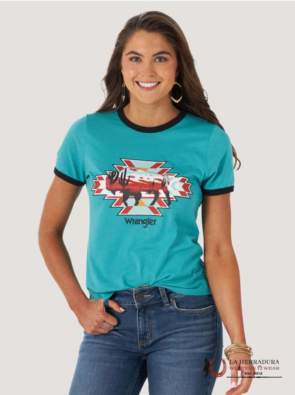 WRANGLER WOMEN T-SHIRT BABY BLUE SHIRT AZTEC 112317132