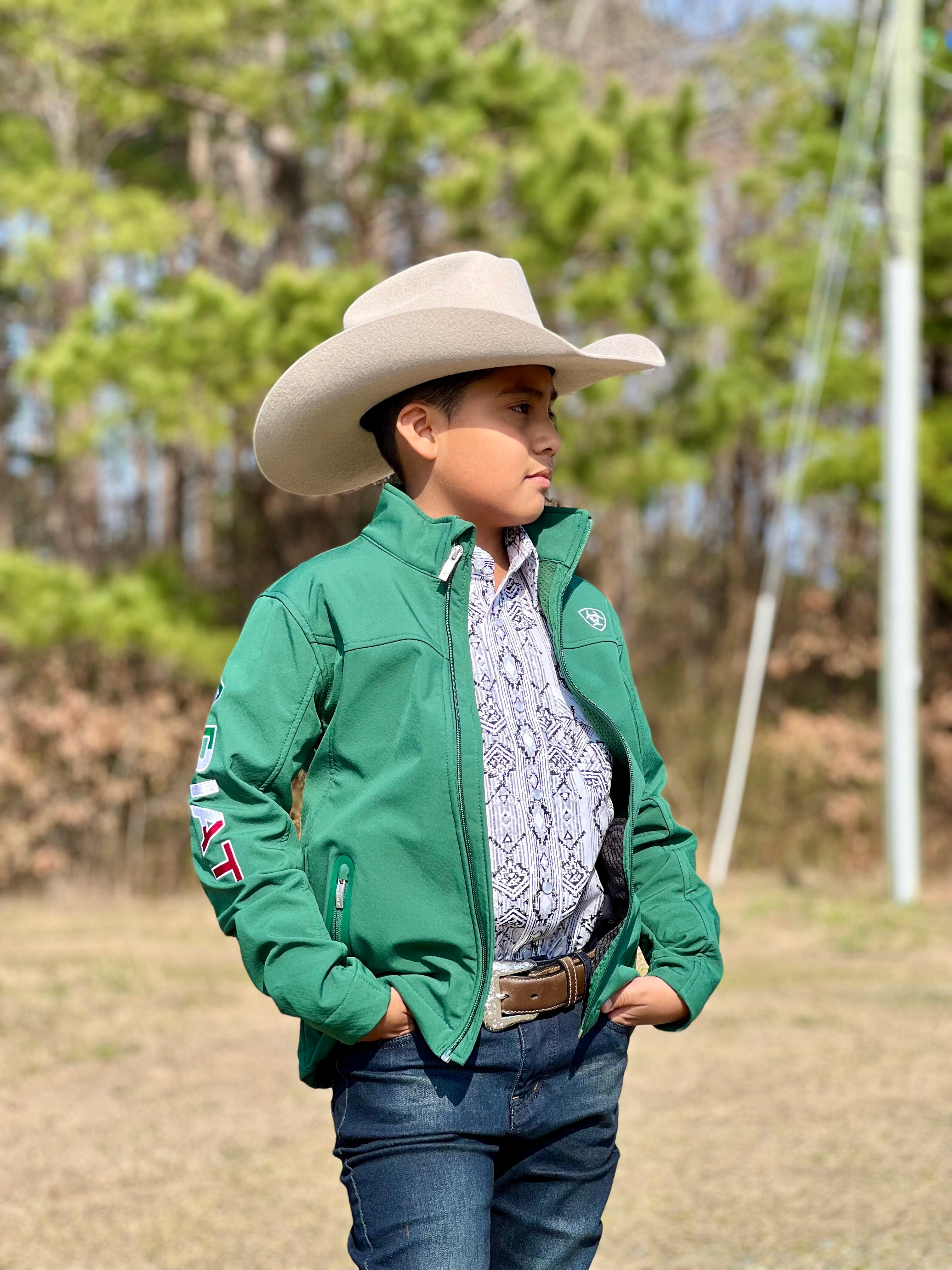 ARIAT YOUTH SOFT SHELL JACKET TEAM LOGO GREEN MEXICO