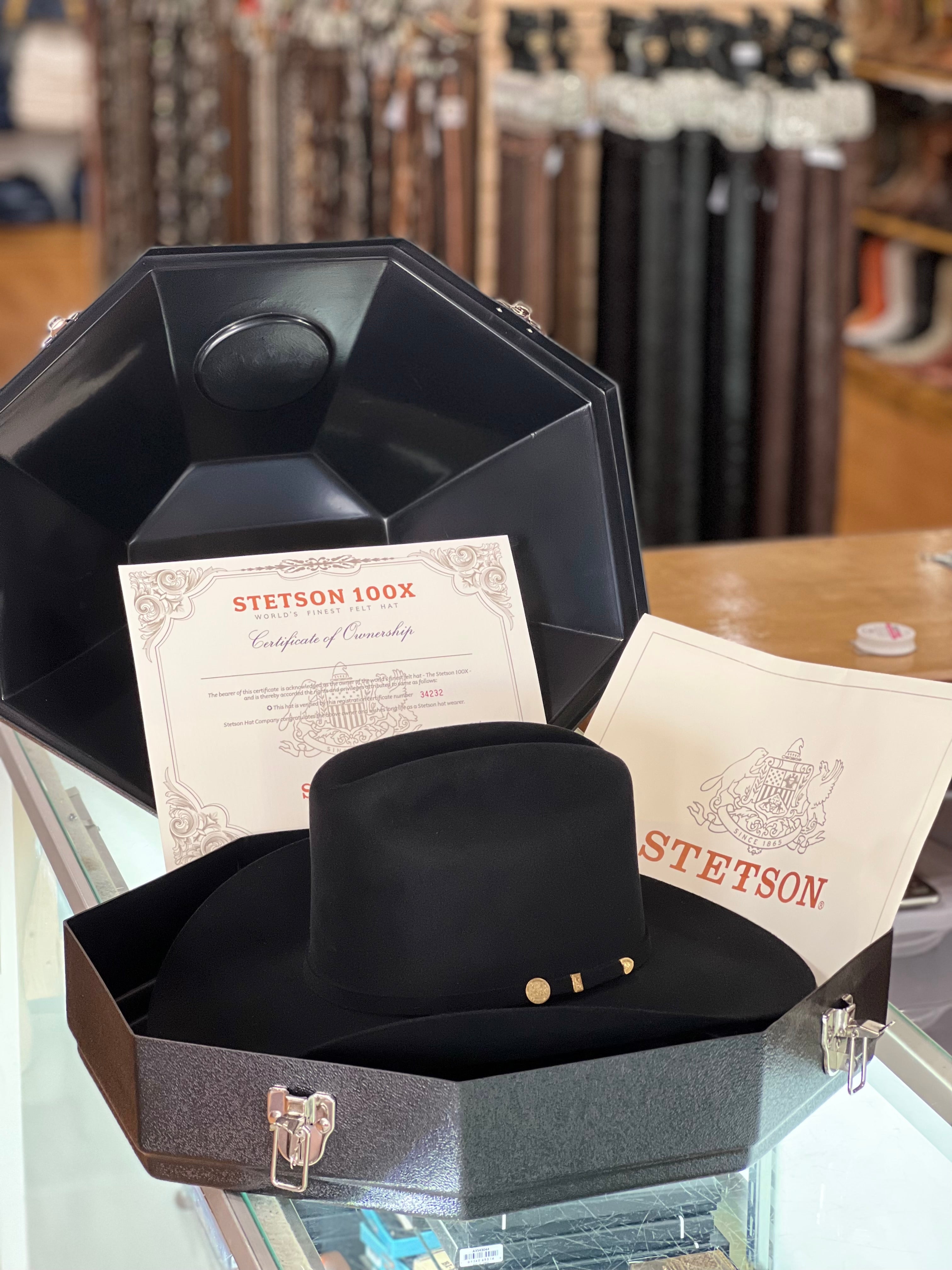 STETSON COWBOY HAT 100X EL PRESIDENTE BLACK COPA CHICA