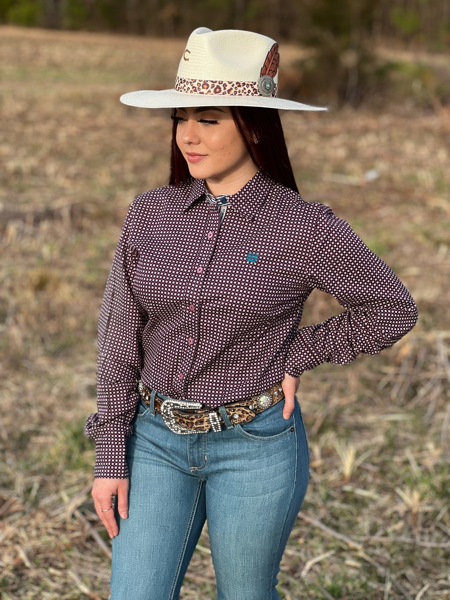 CAMISA PARA MUJERES CINCH MORADA BLANCO