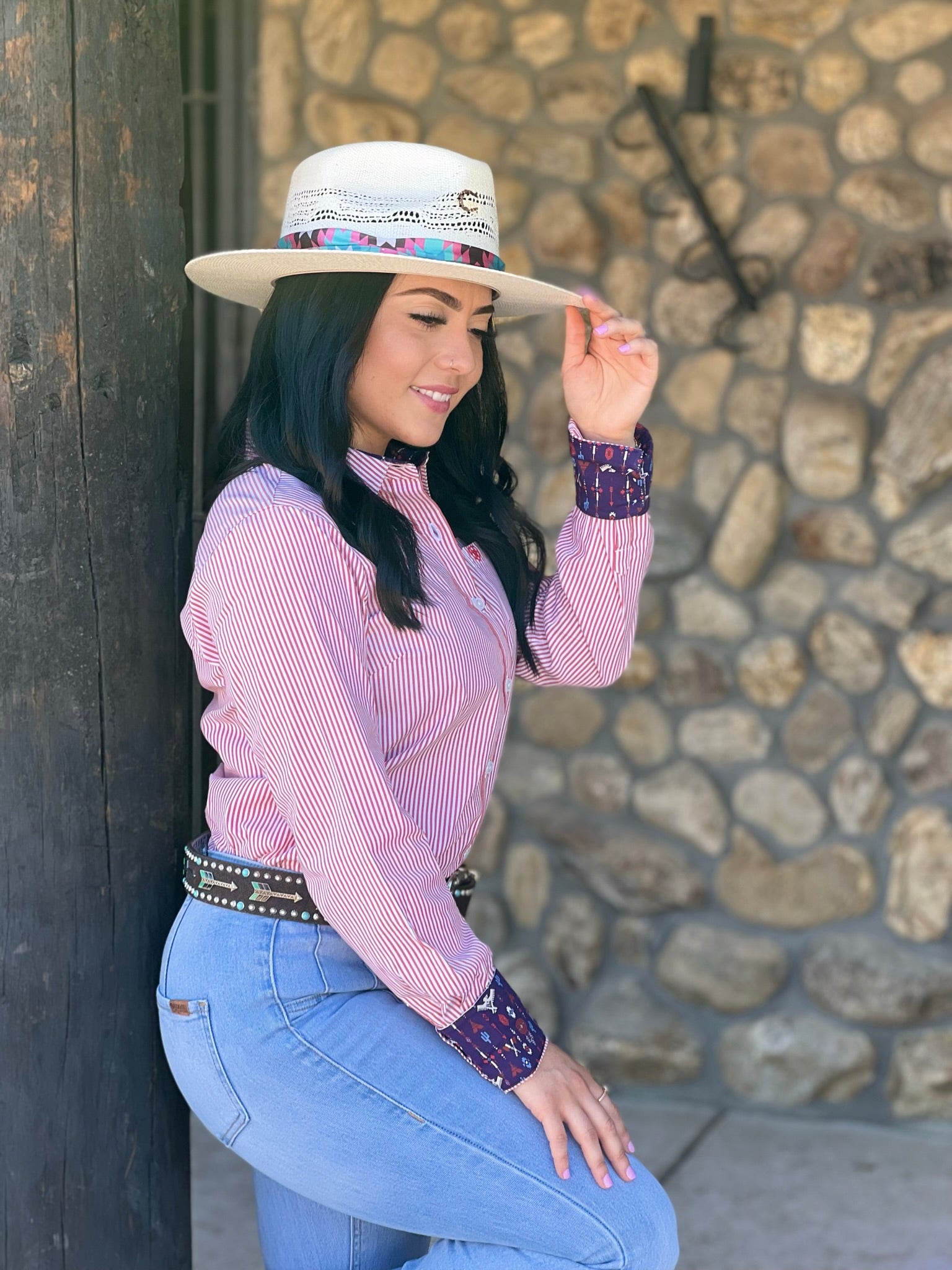 CAMISA ARIAT PARA MUJER ROJO POPPY/ RAYA BLANCO