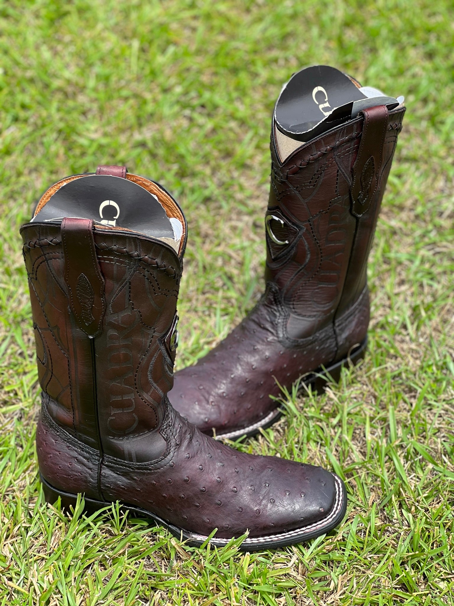 CUADRA BOOTS OSTRICH BLACKCHERRY LASER & EMBROIDERY SQUARE TOE