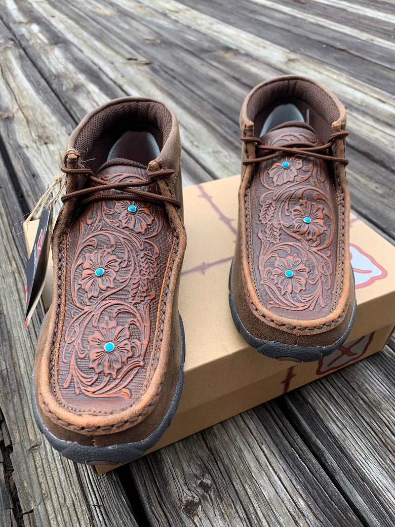 ZAPATOS TWISTED X WOMENS DRIVING MOCS D TOW BROWN TOOLED FLOWERS