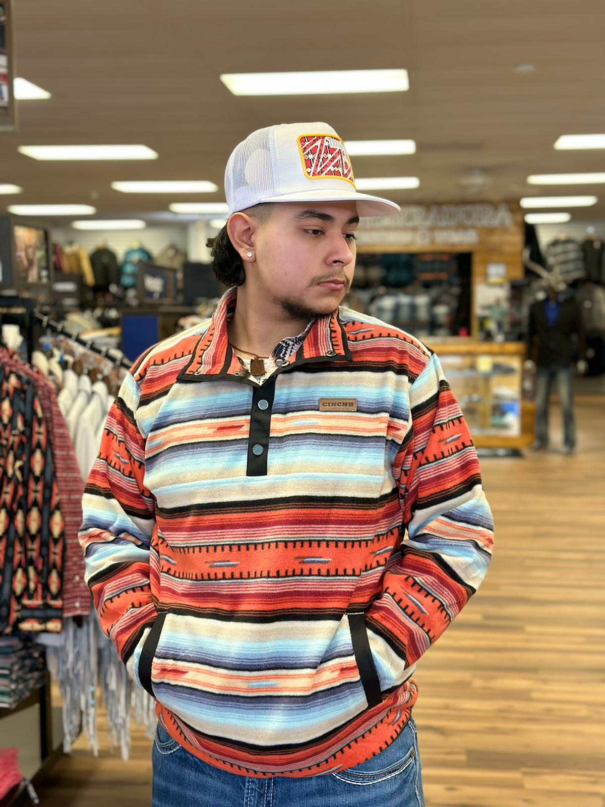 CINCH MENS Orange/Light Blue Aztec Pull Over