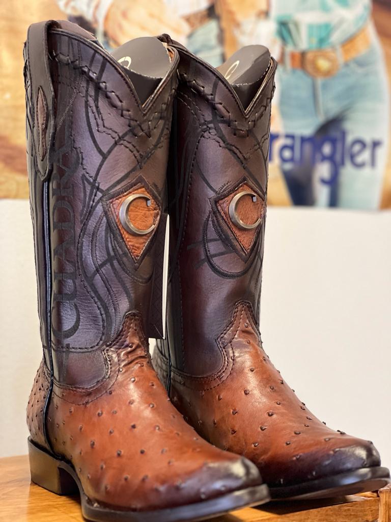 CUADRA BOOTS OSTRICH FLAME CAFE LASER & WOVEN ROUND TOE