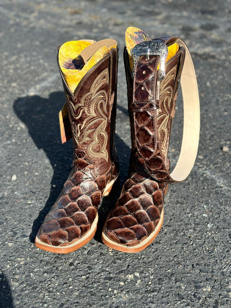 TANNER MARK BOOTS SQUARE TOE IMIT. BROWN FISH SKIN