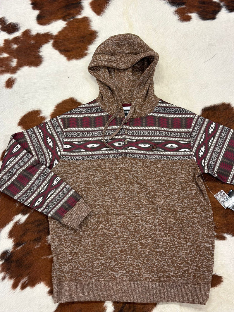 Sudadera con capucha Hooey® para hombre marrón con estampado azteca rojo