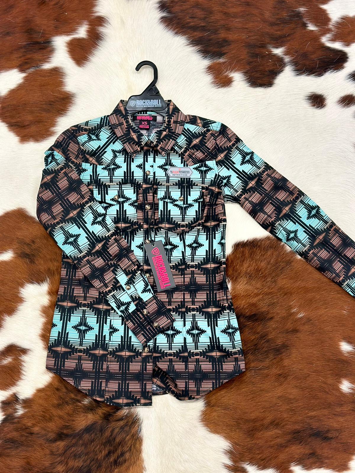 ROCK&ROLL WOMENS BUTTON UP TEAL DARK BROWN AZTEC