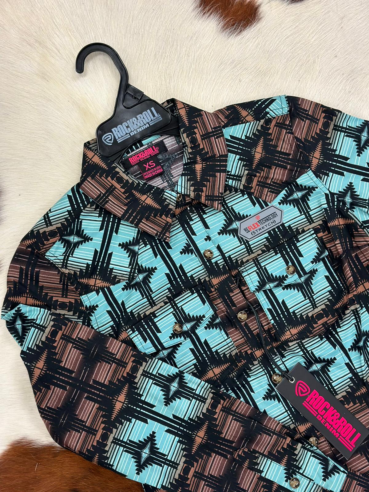 ROCK&ROLL WOMENS BUTTON UP TEAL DARK BROWN AZTEC