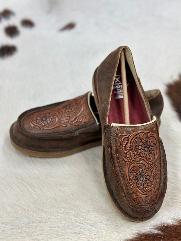 TWISTED X WOMENS SLIP ON LOAFER CHOCOLATE BOMBER & TOOLED BROWN WCL0022