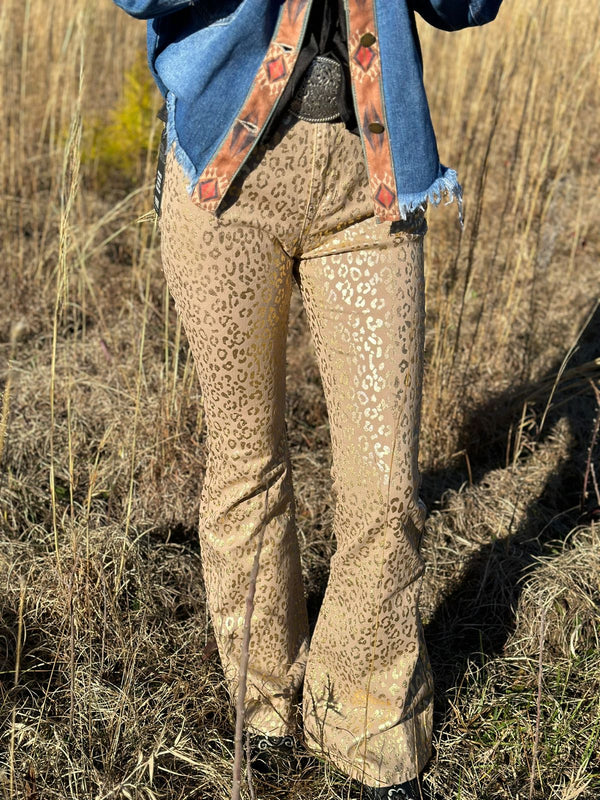 ROCK&ROLL Gold Cheetah Print Flare Jeans