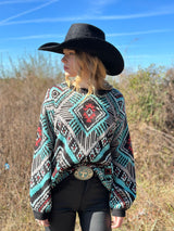 Rock&Roll Womens Teal/Pink Multi Color Aztec Print Sweater