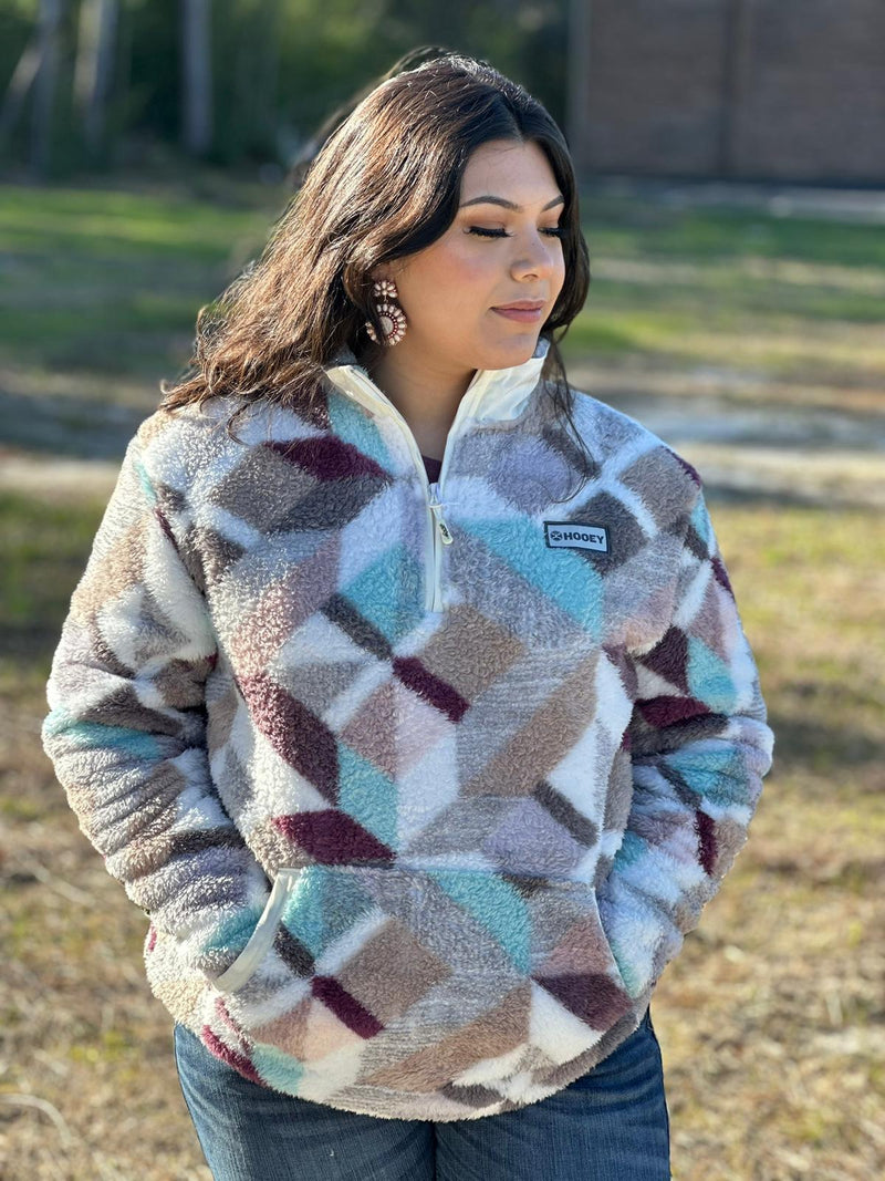 Hooey Womens White Geometric Multi Color Pattern Sherpa Pullover Half Zip